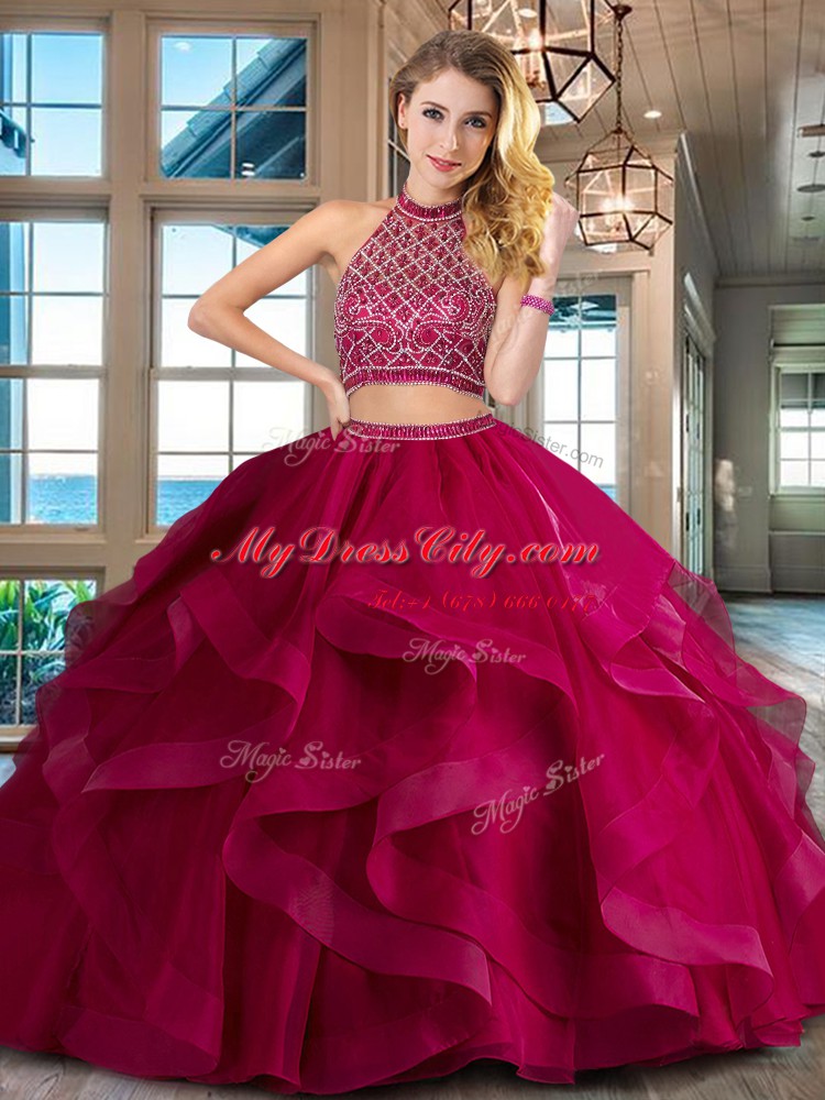 Custom Designed Backless Halter Top Sleeveless Quinceanera Gown Brush Train Beading and Ruffles Fuchsia Tulle