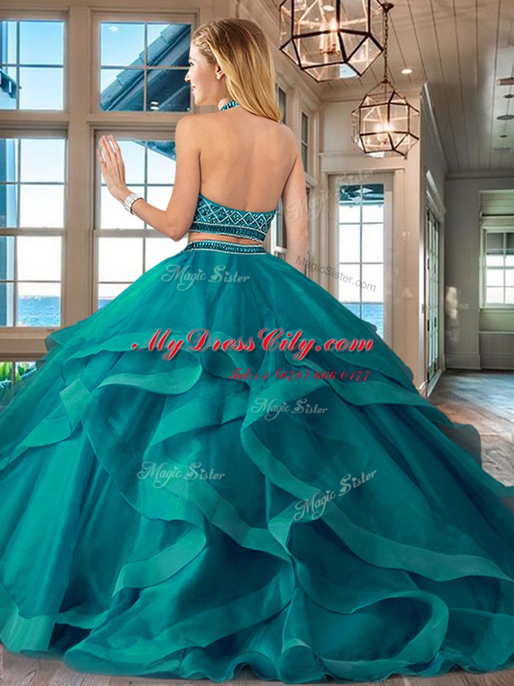 Custom Designed Backless Halter Top Sleeveless Quinceanera Gown Brush Train Beading and Ruffles Fuchsia Tulle