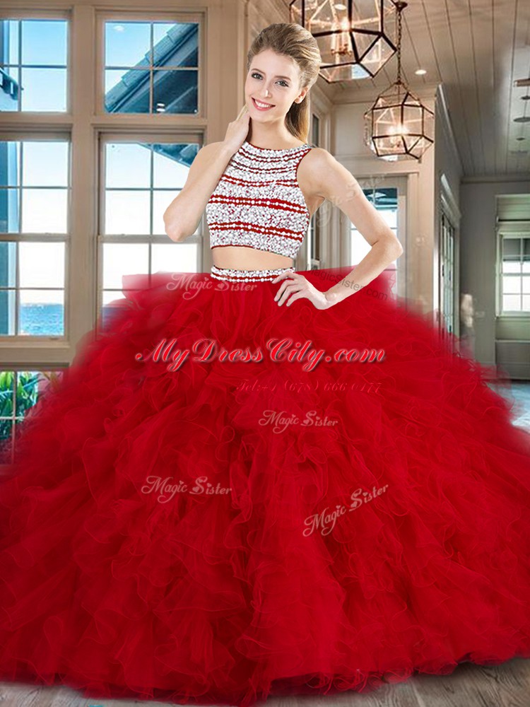 Beautiful Scoop With Train Backless Quinceanera Dress Red for Military Ball and Sweet 16 and Quinceanera with Beading and Ruffles Brush Train