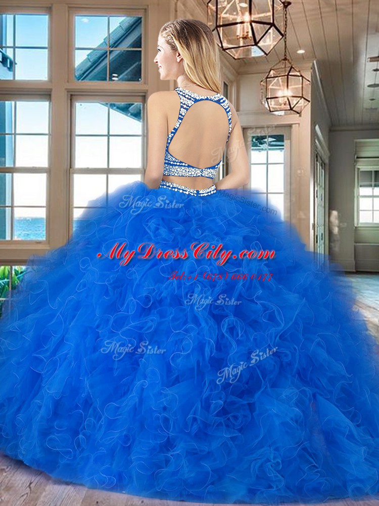 Beautiful Scoop With Train Backless Quinceanera Dress Red for Military Ball and Sweet 16 and Quinceanera with Beading and Ruffles Brush Train