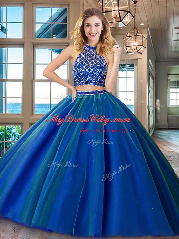 Classical Two Piece HalterHalter Top Royal Blue Tulle Backless Quinceanera Gown Sleeveless Brush Train Beading