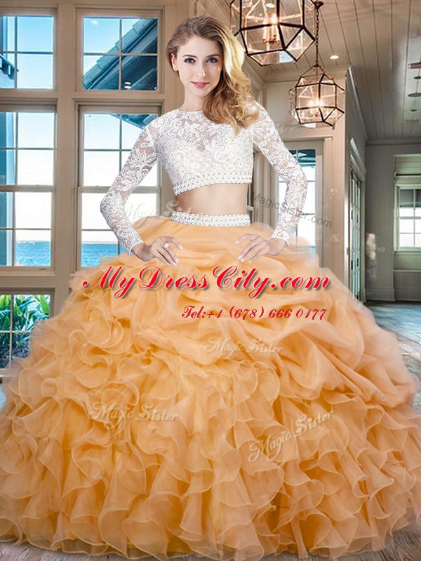 High End Scoop Beading and Lace and Ruffles Quinceanera Gowns Gold Zipper Long Sleeves Floor Length