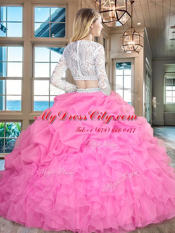 High End Scoop Beading and Lace and Ruffles Quinceanera Gowns Gold Zipper Long Sleeves Floor Length