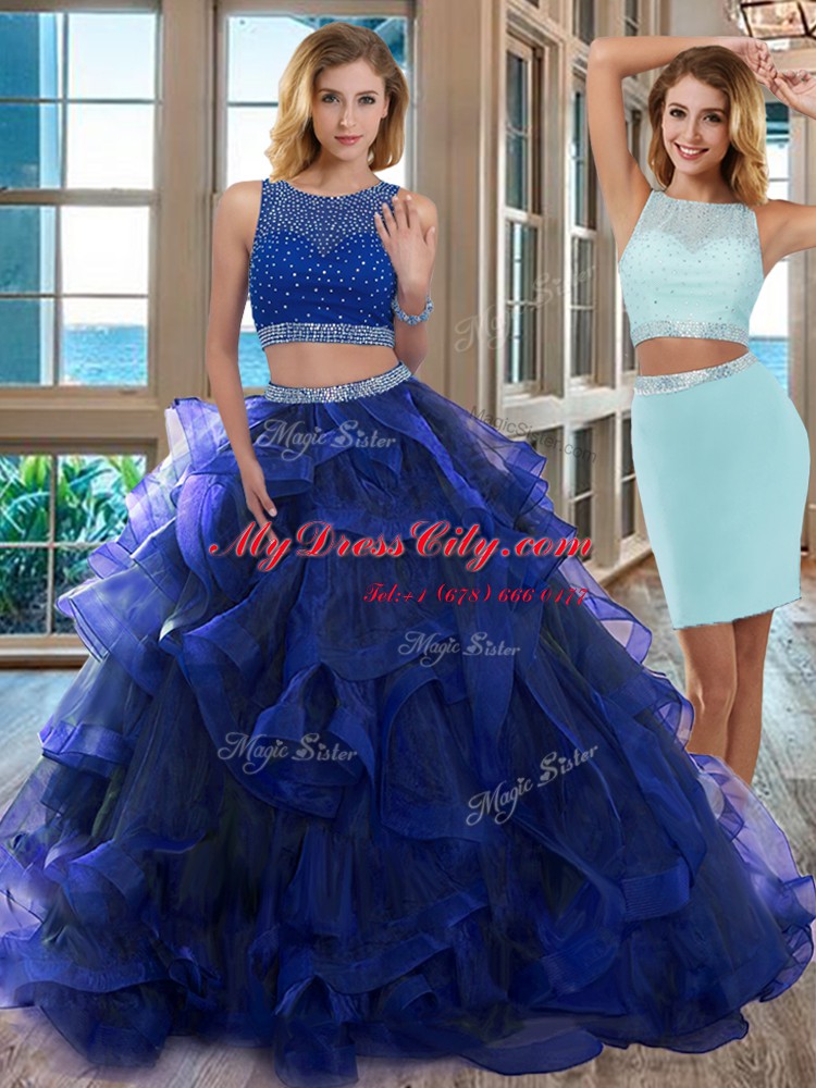 Elegant Scoop Royal Blue Sleeveless Floor Length Beading Backless Quinceanera Dress