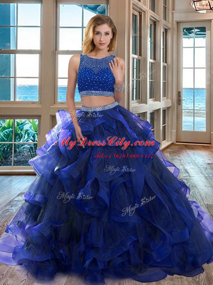 Elegant Scoop Royal Blue Sleeveless Floor Length Beading Backless Quinceanera Dress