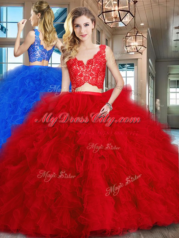 Red Sleeveless Tulle Brush Train Zipper Quinceanera Dress for Military Ball and Sweet 16 and Quinceanera