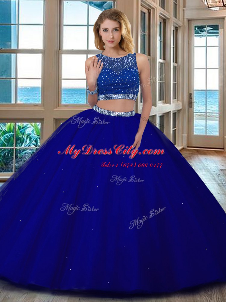 Elegant Scoop Sleeveless Tulle Quinceanera Dress Beading Backless