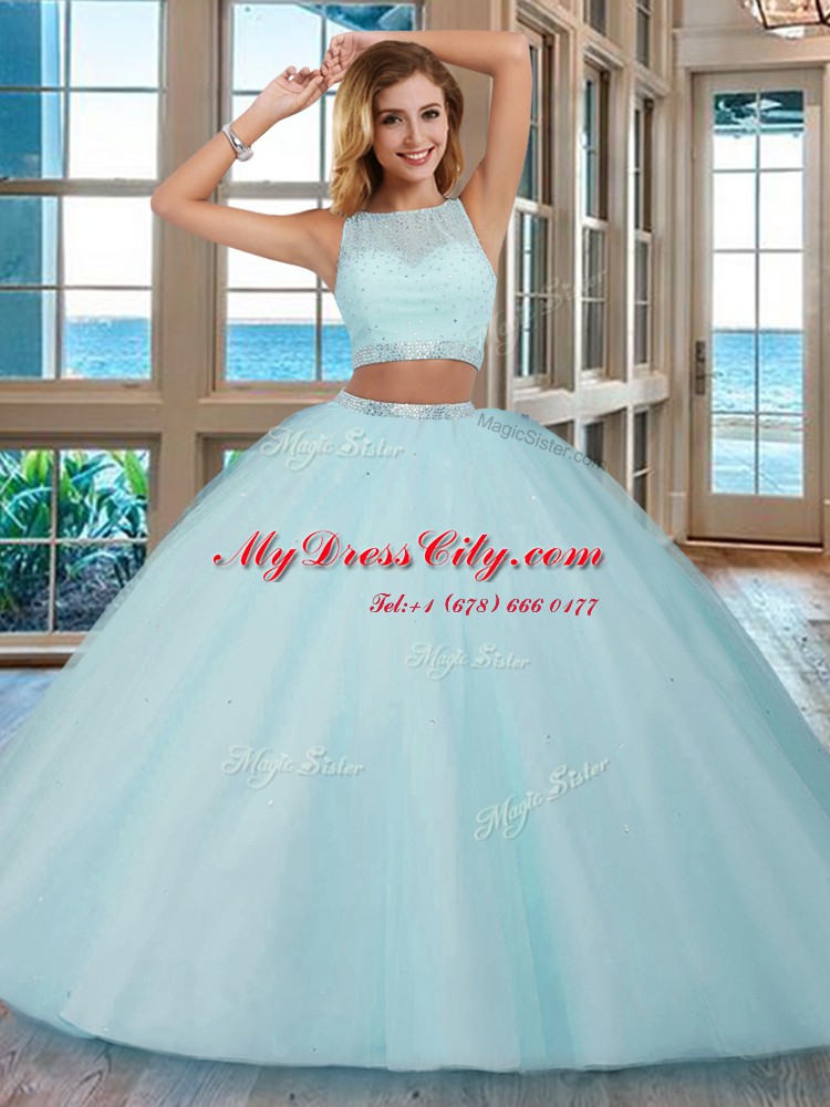 Elegant Scoop Sleeveless Tulle Quinceanera Dress Beading Backless