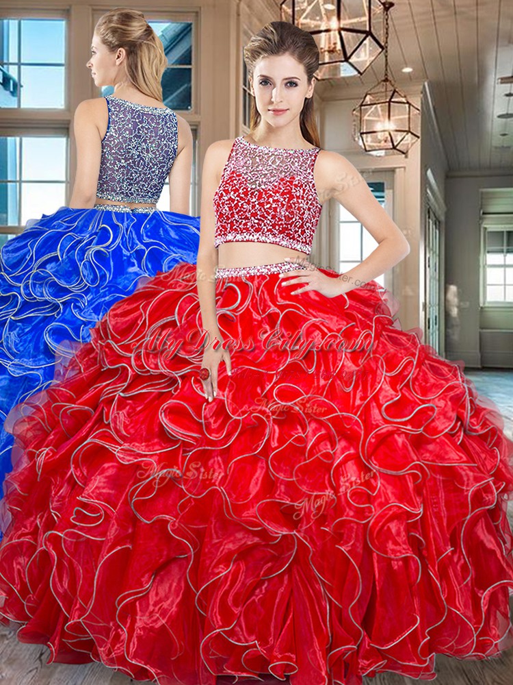 Nice Floor Length Red 15 Quinceanera Dress Organza Sleeveless Beading and Ruffles