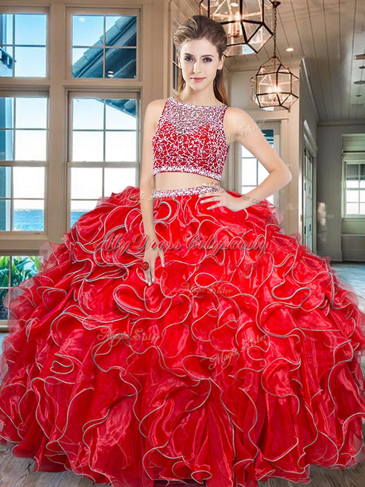 Nice Floor Length Red 15 Quinceanera Dress Organza Sleeveless Beading and Ruffles