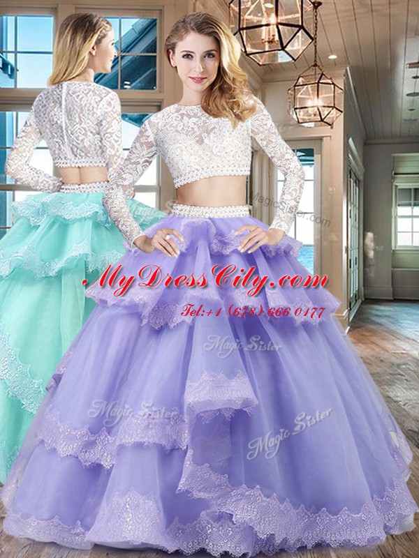 Scoop Lavender Zipper Sweet 16 Dress Beading and Lace and Ruffled Layers Long Sleeves Floor Length