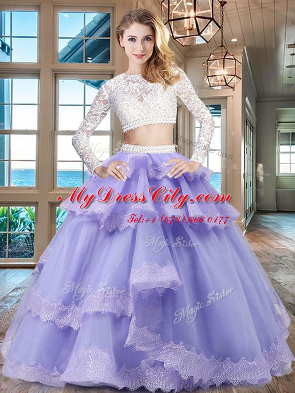 Scoop Lavender Zipper Sweet 16 Dress Beading and Lace and Ruffled Layers Long Sleeves Floor Length