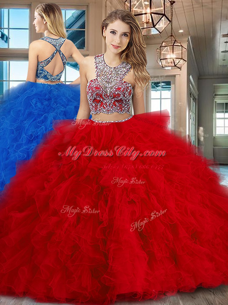 Attractive Scoop Beading and Ruffles Sweet 16 Dress Red Criss Cross Sleeveless With Brush Train