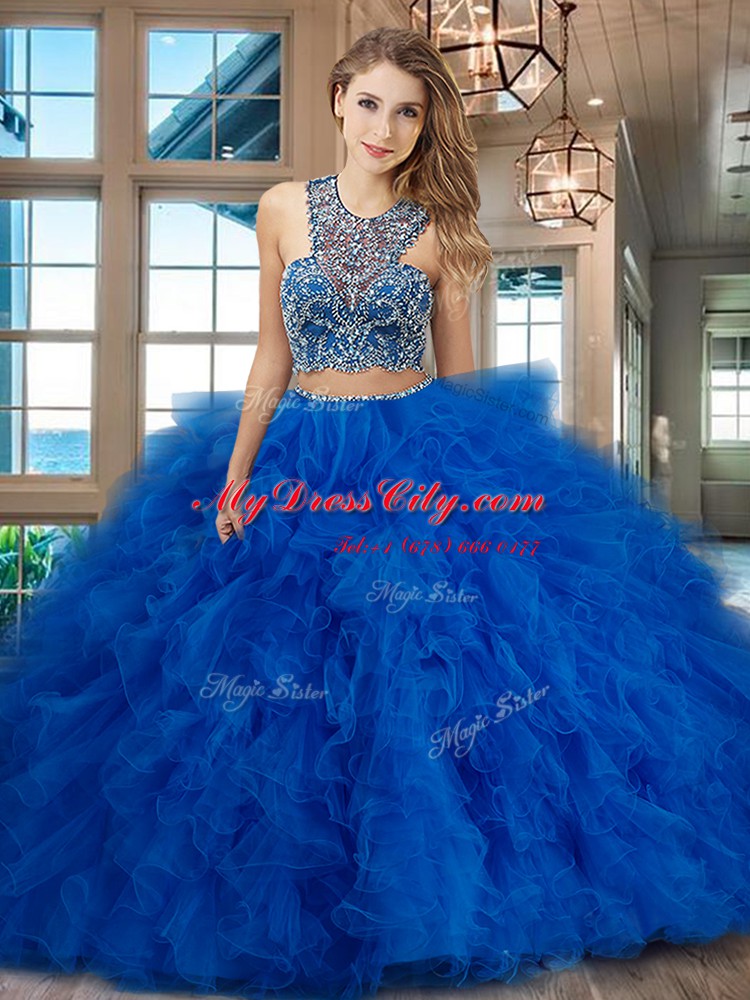 Attractive Scoop Beading and Ruffles Sweet 16 Dress Red Criss Cross Sleeveless With Brush Train