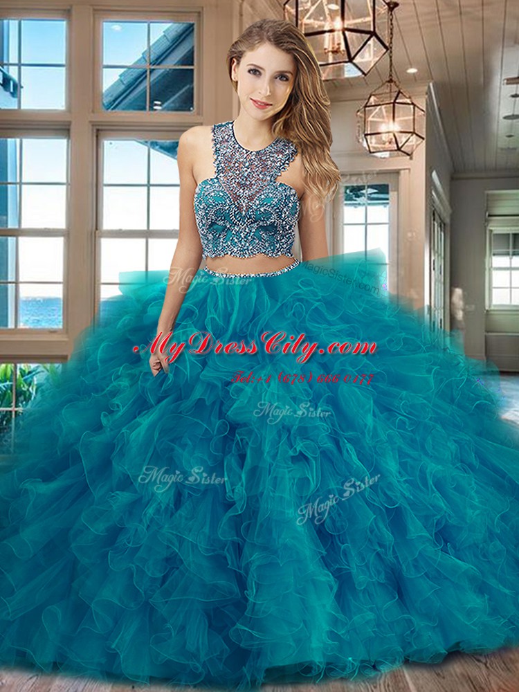 Attractive Scoop Beading and Ruffles Sweet 16 Dress Red Criss Cross Sleeveless With Brush Train