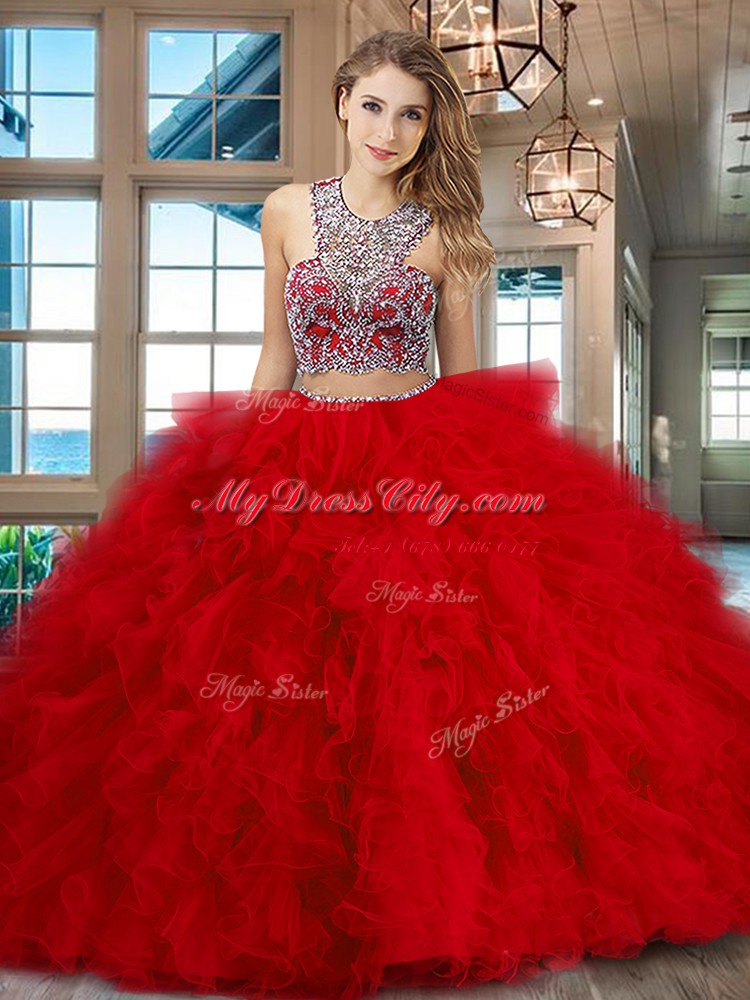 Attractive Scoop Beading and Ruffles Sweet 16 Dress Red Criss Cross Sleeveless With Brush Train