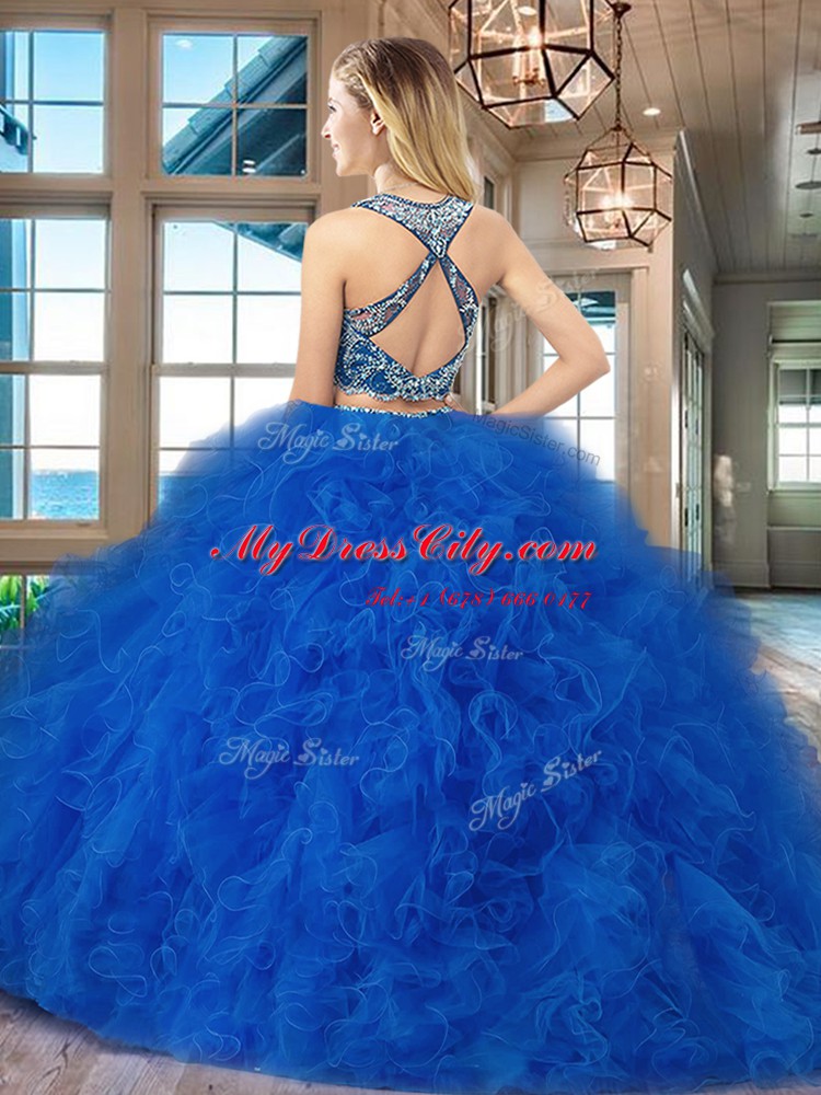 Attractive Scoop Beading and Ruffles Sweet 16 Dress Red Criss Cross Sleeveless With Brush Train