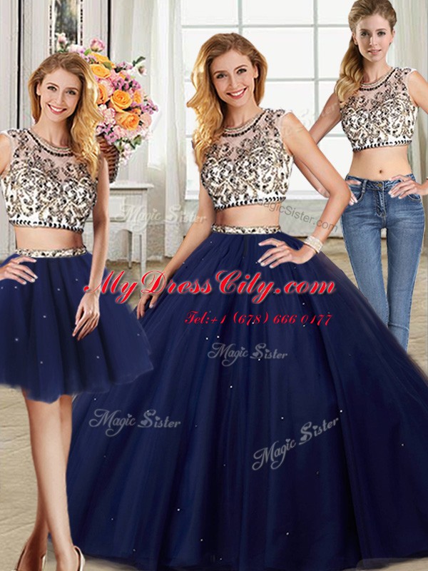 Three Piece Scoop Cap Sleeves With Train Backless Sweet 16 Dresses Navy Blue for Military Ball and Sweet 16 and Quinceanera with Beading Brush Train