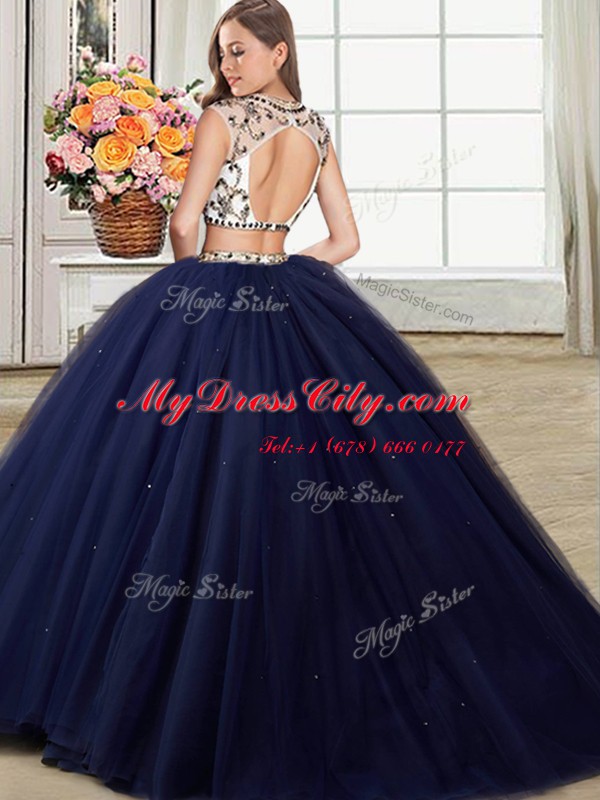 Three Piece Scoop Cap Sleeves With Train Backless Sweet 16 Dresses Navy Blue for Military Ball and Sweet 16 and Quinceanera with Beading Brush Train