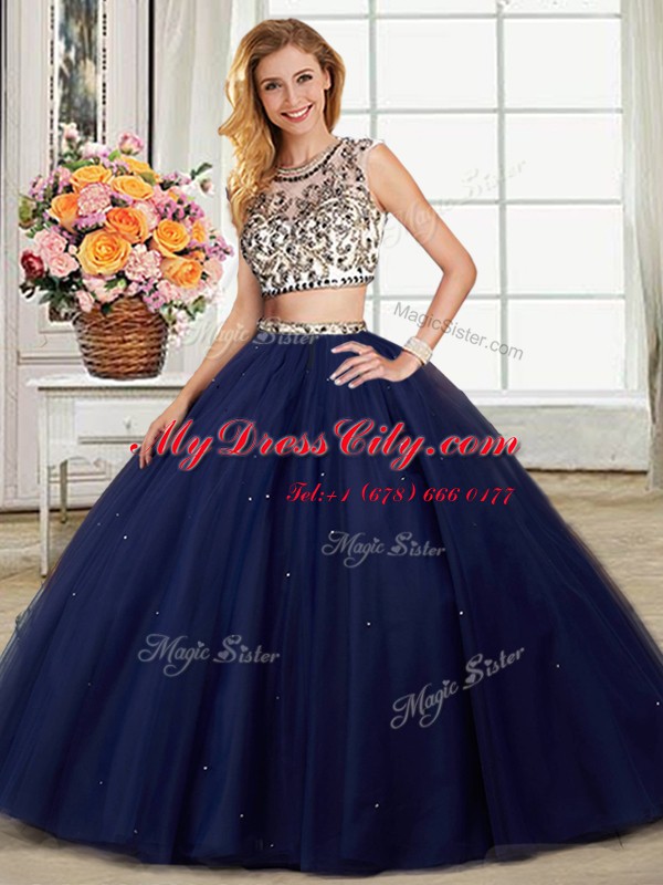 Three Piece Scoop Cap Sleeves With Train Backless Sweet 16 Dresses Navy Blue for Military Ball and Sweet 16 and Quinceanera with Beading Brush Train