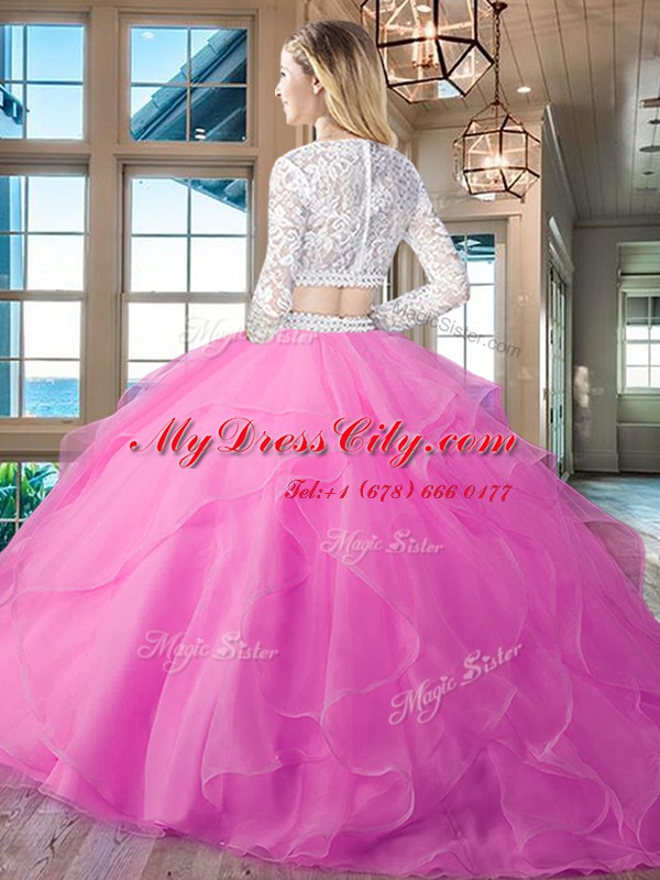 Scoop Long Sleeves Brush Train Beading and Lace and Ruffles Zipper Ball Gown Prom Dress