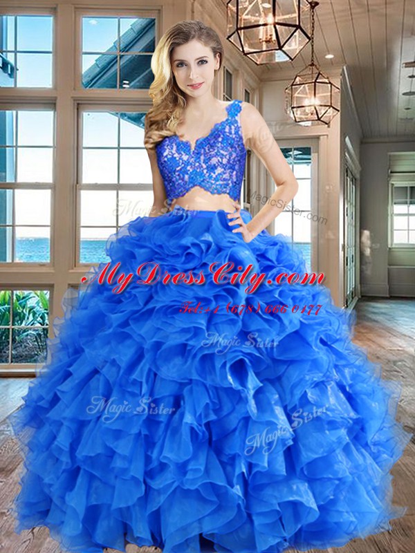 Custom Design Two Pieces Ball Gown Prom Dress Blue V-neck Organza Sleeveless Floor Length Zipper