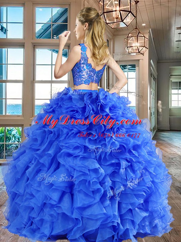 Custom Design Two Pieces Ball Gown Prom Dress Blue V-neck Organza Sleeveless Floor Length Zipper