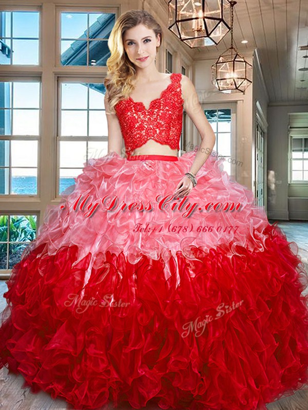 Edgy Multi-color Two Pieces Organza V-neck Sleeveless Lace and Ruffles Floor Length Zipper Ball Gown Prom Dress