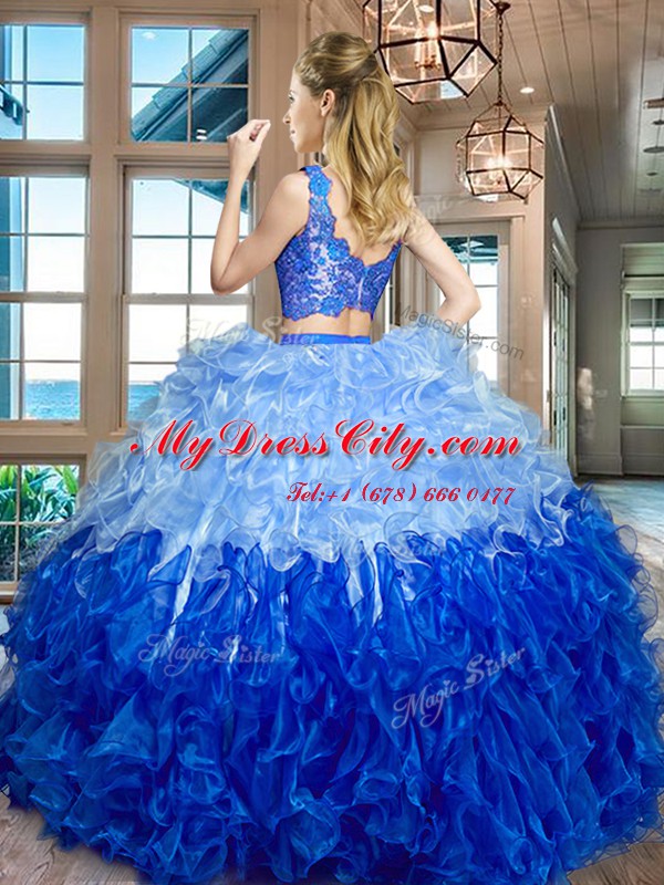 Edgy Multi-color Two Pieces Organza V-neck Sleeveless Lace and Ruffles Floor Length Zipper Ball Gown Prom Dress