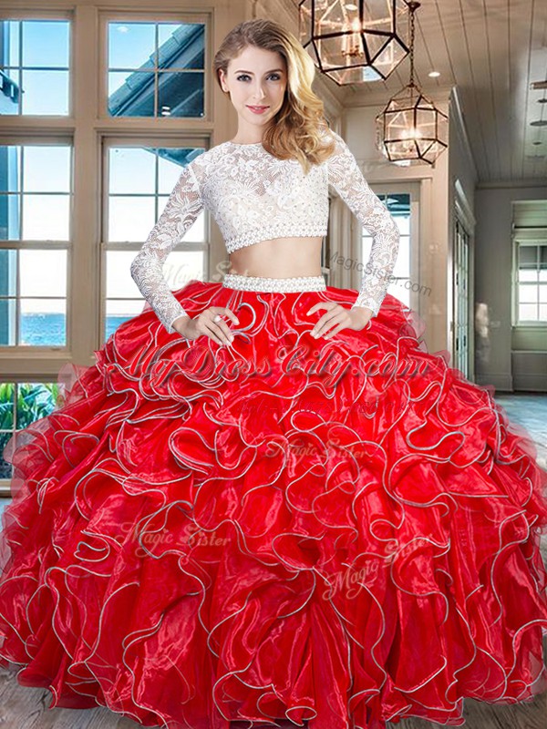 Scoop Long Sleeves Floor Length Beading and Lace and Ruffles Zipper Vestidos de Quinceanera with Red