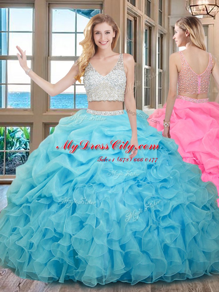 Admirable Baby Blue Zipper V-neck Beading and Ruffles and Pick Ups Quinceanera Dresses Organza Sleeveless