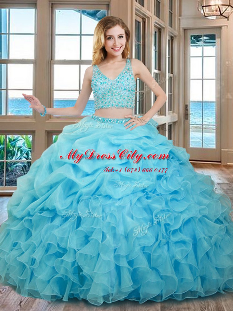 Admirable Baby Blue Zipper V-neck Beading and Ruffles and Pick Ups Quinceanera Dresses Organza Sleeveless