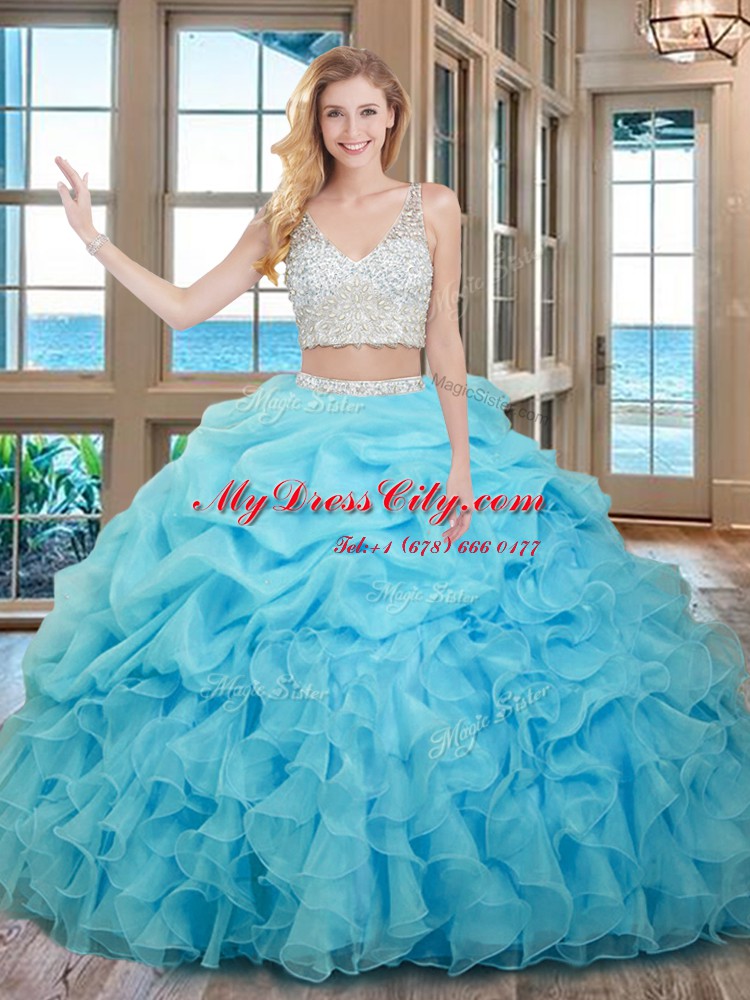 Admirable Baby Blue Zipper V-neck Beading and Ruffles and Pick Ups Quinceanera Dresses Organza Sleeveless