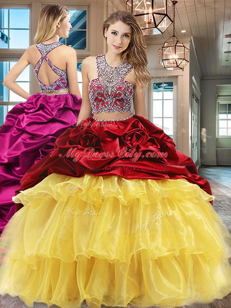 Adorable Multi-color Scoop Criss Cross Beading and Ruffled Layers and Pick Ups 15th Birthday Dress Brush Train Sleeveless