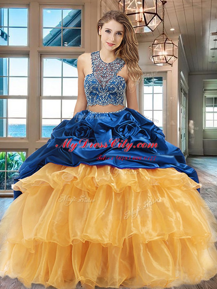 Adorable Multi-color Scoop Criss Cross Beading and Ruffled Layers and Pick Ups 15th Birthday Dress Brush Train Sleeveless