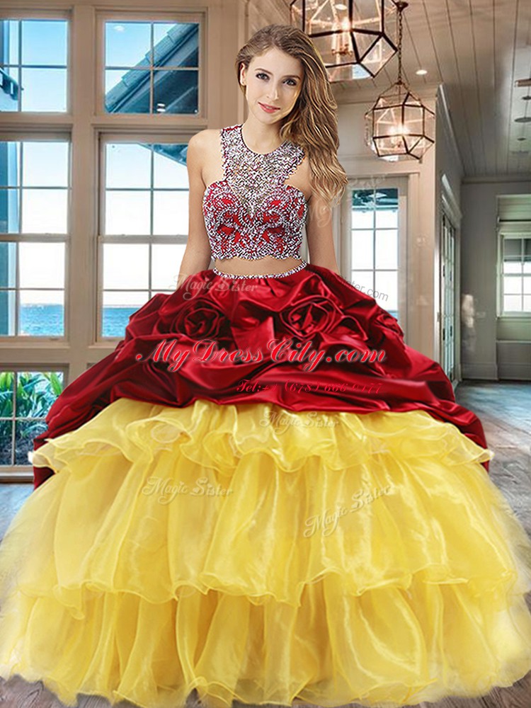 Adorable Multi-color Scoop Criss Cross Beading and Ruffled Layers and Pick Ups 15th Birthday Dress Brush Train Sleeveless