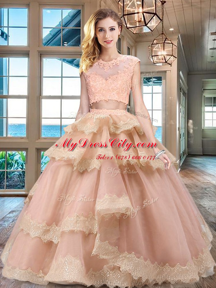 Popular Scoop Peach Tulle Zipper Quinceanera Gowns Cap Sleeves Floor Length Beading and Lace and Appliques and Ruffled Layers