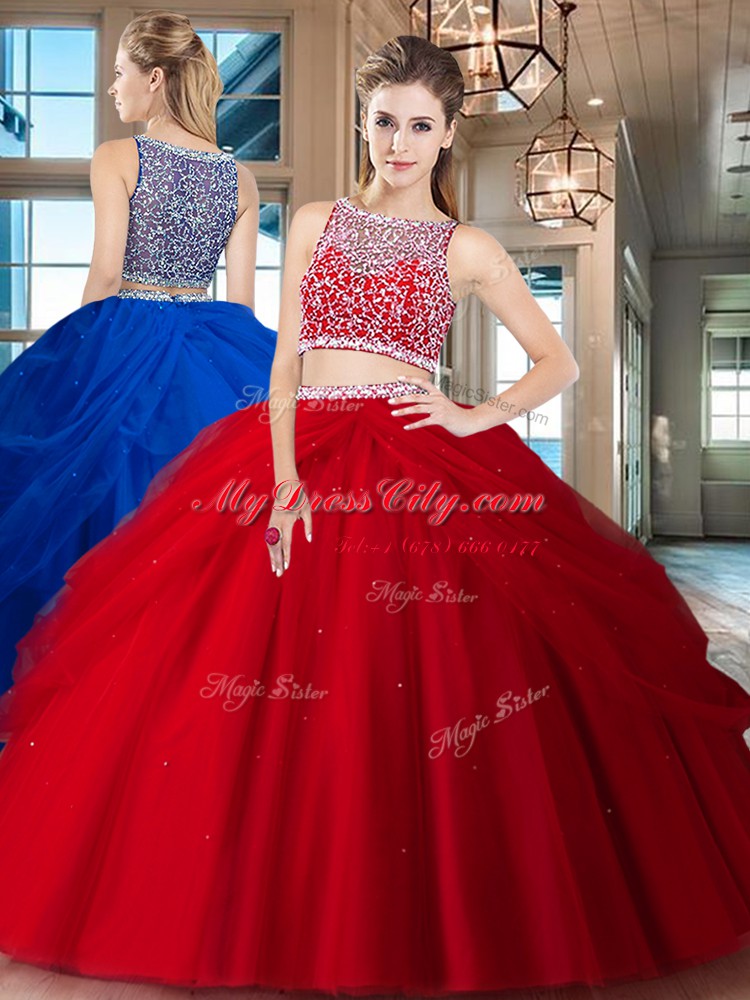 Red Bateau Side Zipper Beading and Pick Ups Sweet 16 Quinceanera Dress Sleeveless