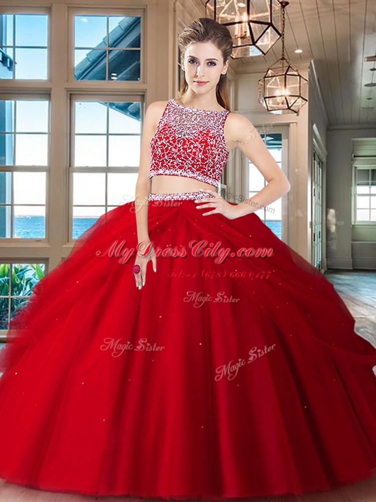 Red Bateau Side Zipper Beading and Pick Ups Sweet 16 Quinceanera Dress Sleeveless