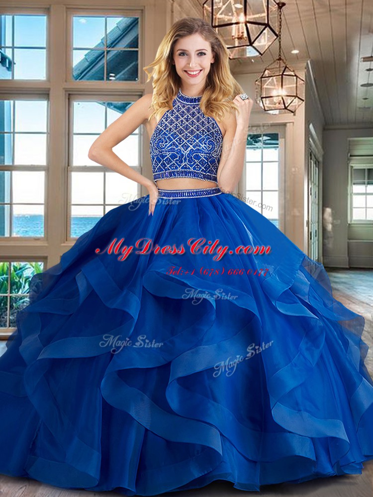 Dramatic Royal Blue Two Pieces Tulle Halter Top Sleeveless Beading and Ruffles Backless 15th Birthday Dress Brush Train