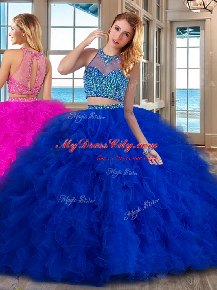 Fancy Royal Blue High-neck Neckline Beading and Ruffles Sweet 16 Quinceanera Dress Sleeveless Lace Up