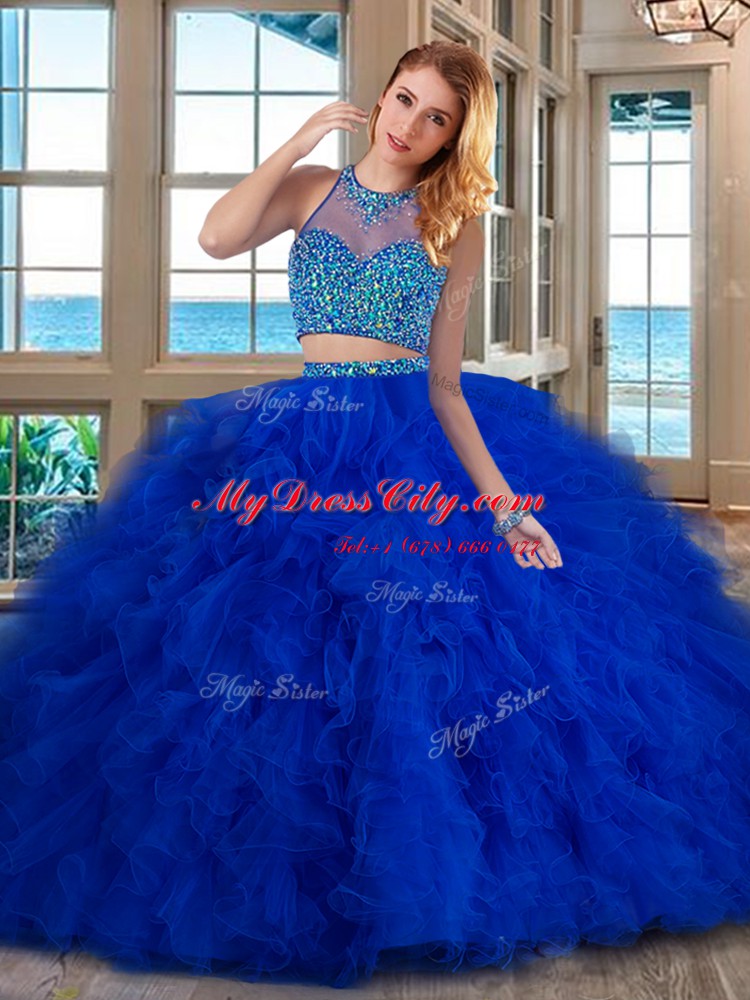 Fancy Royal Blue High-neck Neckline Beading and Ruffles Sweet 16 Quinceanera Dress Sleeveless Lace Up