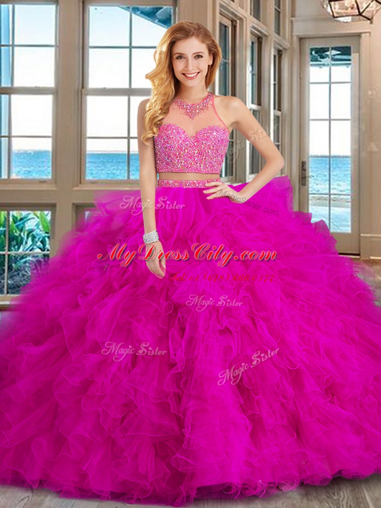 Fancy Royal Blue High-neck Neckline Beading and Ruffles Sweet 16 Quinceanera Dress Sleeveless Lace Up