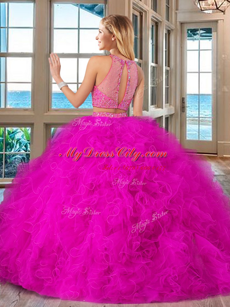 Fancy Royal Blue High-neck Neckline Beading and Ruffles Sweet 16 Quinceanera Dress Sleeveless Lace Up