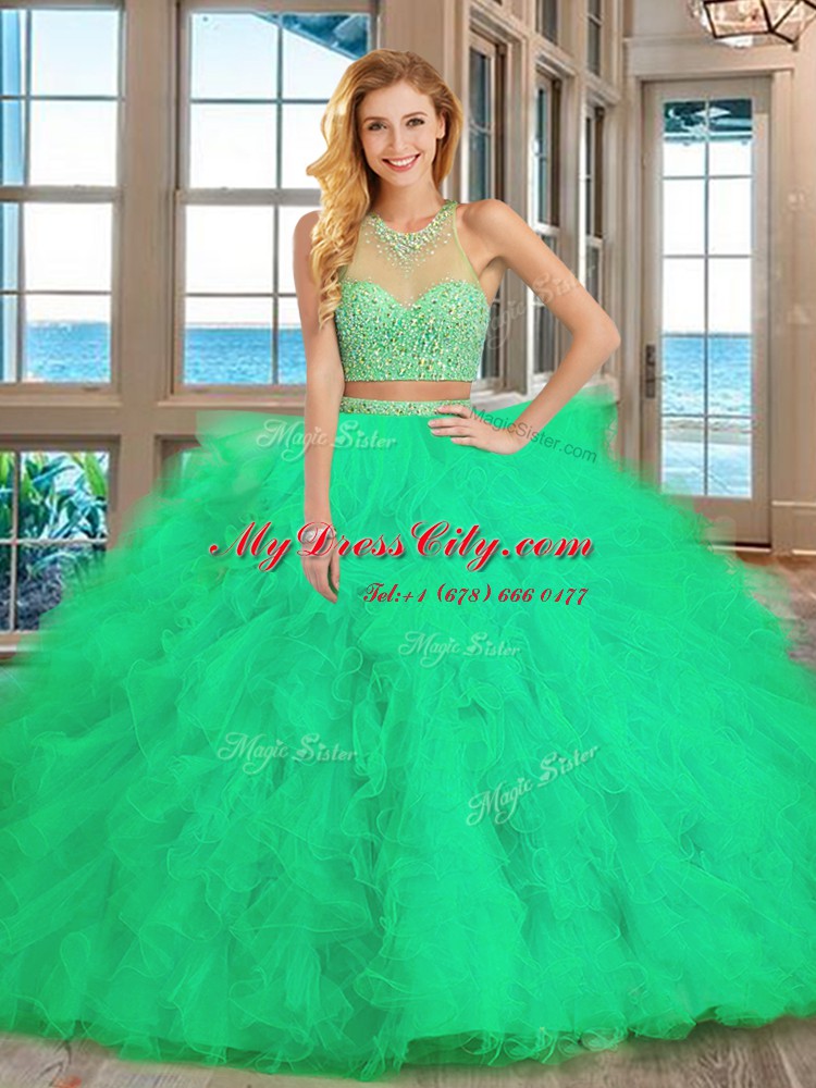 Fancy Royal Blue High-neck Neckline Beading and Ruffles Sweet 16 Quinceanera Dress Sleeveless Lace Up