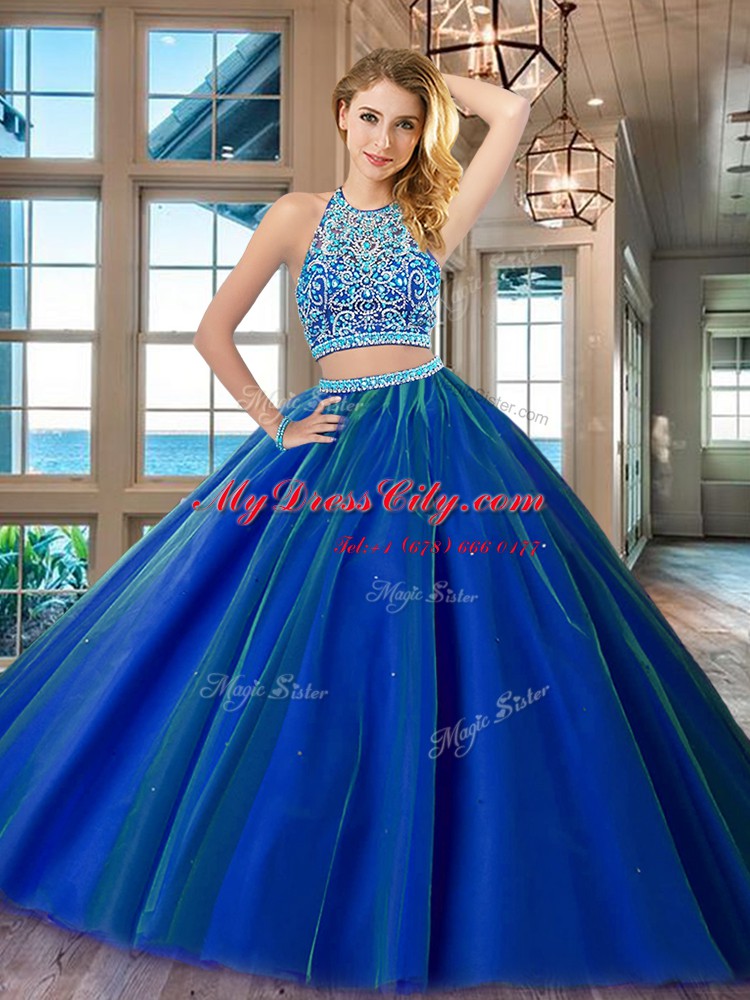 Scoop Royal Blue Backless Quinceanera Gown Beading Sleeveless Floor Length