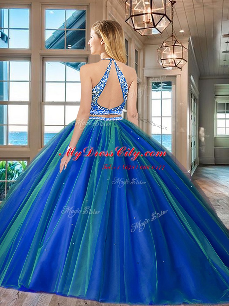 Scoop Royal Blue Backless Quinceanera Gown Beading Sleeveless Floor Length