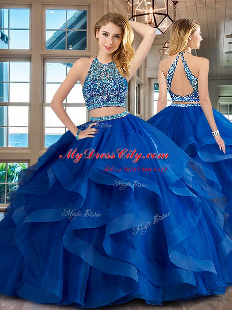 Sophisticated Scoop Floor Length Backless 15th Birthday Dress Royal Blue for Military Ball and Sweet 16 and Quinceanera with Beading and Ruffles