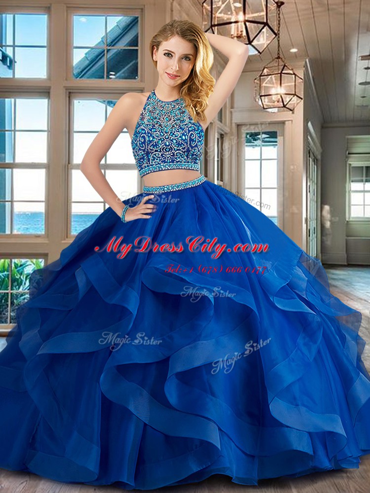 Sophisticated Scoop Floor Length Backless 15th Birthday Dress Royal Blue for Military Ball and Sweet 16 and Quinceanera with Beading and Ruffles