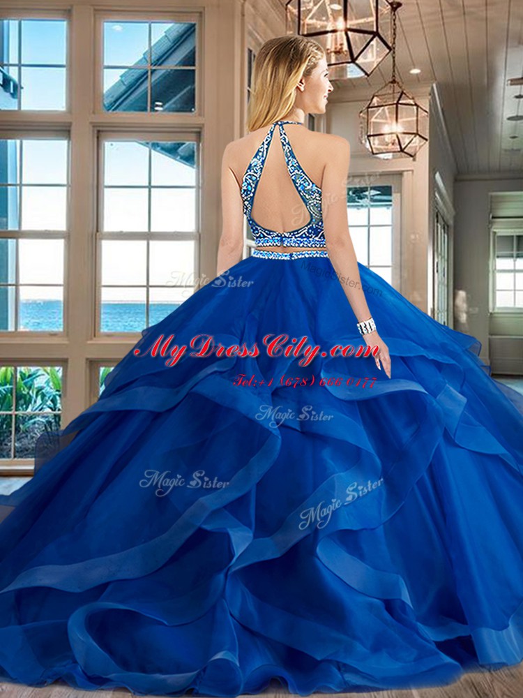 Sophisticated Scoop Floor Length Backless 15th Birthday Dress Royal Blue for Military Ball and Sweet 16 and Quinceanera with Beading and Ruffles